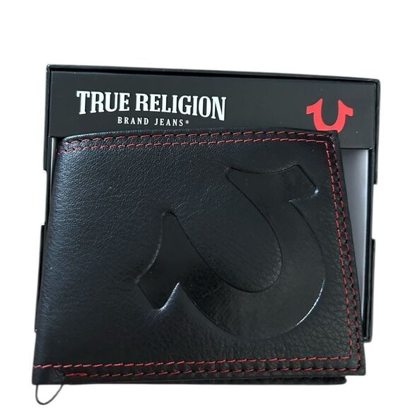 True Religion  Wallet NEW Bowman Leather Black Red RFID - Picture 3 of 7